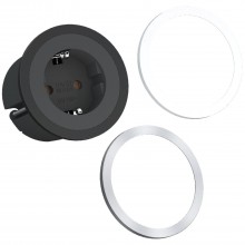 Zásuvka PIX 1xSchuko čierna + ozdobný krúžok ušľachtilej ocele a biely